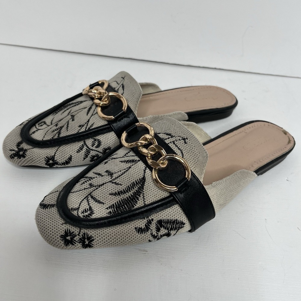CUCCOO Tilawa Chain Decor Floral Embroidered Flat Mules Women Size 40 US 9 / 9.5